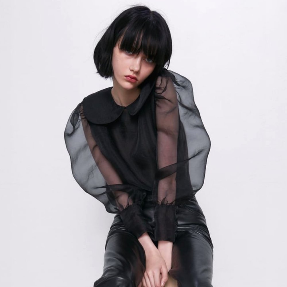 LAST 1! ZARA PETER PAN COLLAR BLACK ORGANZA BLOUSE_2